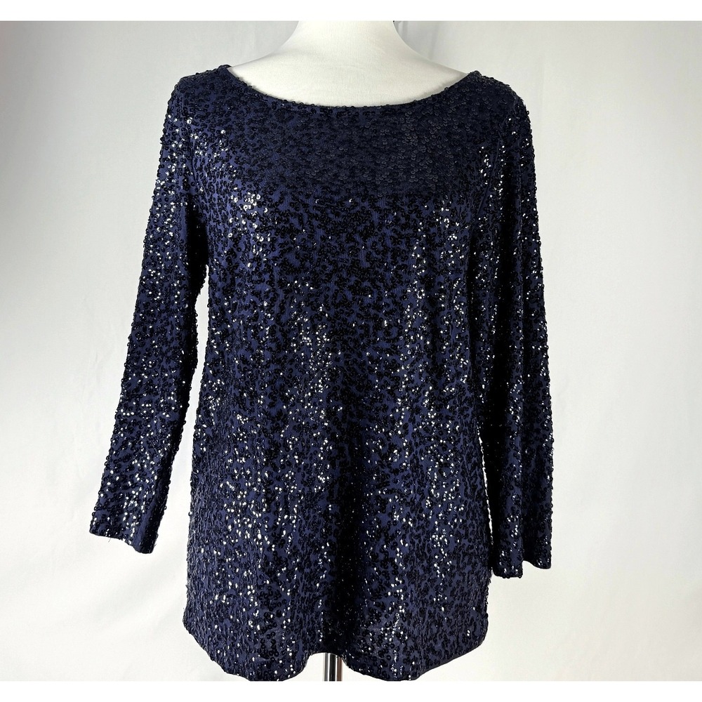 J. Crew Womens Blue Black Sequin 3/4 Sleeve Top Size L Glam Evening Quiet Luxury